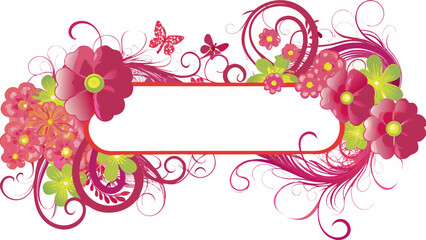 Flat illustration of an ornate floral frame with pink flowers and butterflies