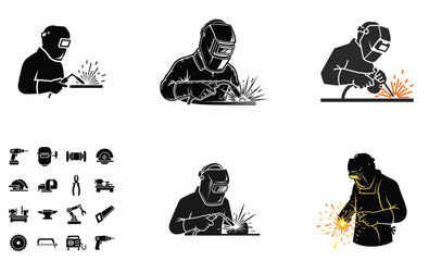 Welder Silhouette Icon Set &ndash; Industrial Welding Worker Safety Vector Collection