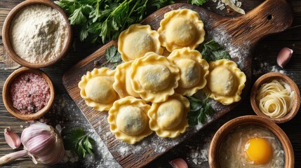 Fototapeta premium Rustic italian ravioli on wooden board with fresh herbs and ingredients.