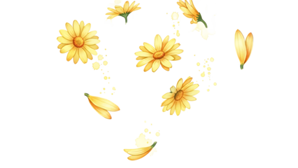 Yellow flowers floating in the air against a white background