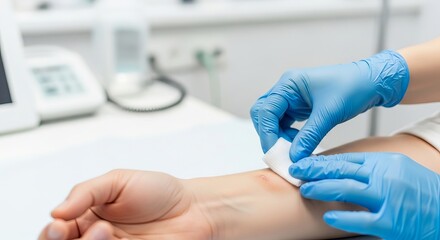 Healthcare professional performs an open wound dressing procedure on an arm, illustrating a precise medical care concept in a clinical setting.