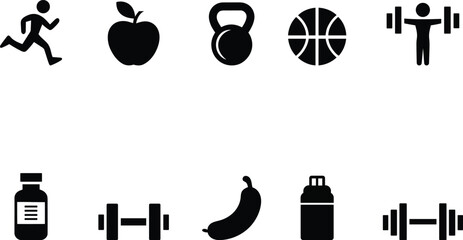 black silhouette icons of fitness and nutrition objects © MDmamun
