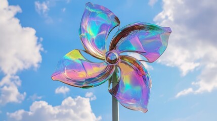 Iridescent Pinwheel Against Blue Sky with Clouds