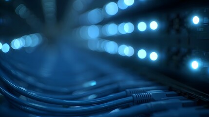 Close up of numerous blue network cables connected to a server rack with bright glowing blue LED lights suggesting data flow and technology