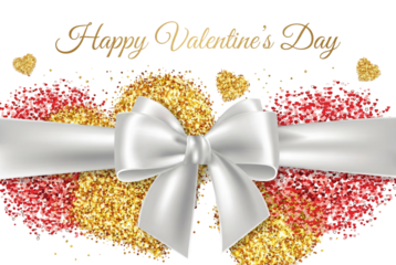 Valentines Day greeting with silver bow and heart shaped confetti in red and gold colors with elegant typography for romantic celebration