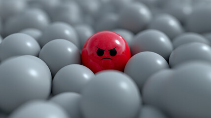 Angry Red Ball Standing Out Among Gray Spheres, Unique Emotion Concept Representing Conflict, Leadership, Difference and Individuality