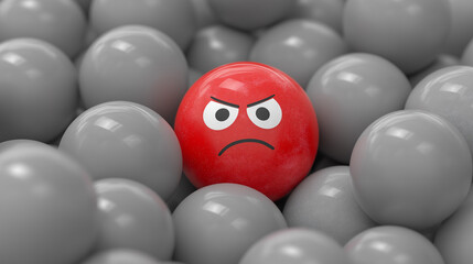 Angry Red Ball Standing Out Among Gray Spheres, Unique Emotion Concept Representing Conflict, Leadership, Difference and Individuality