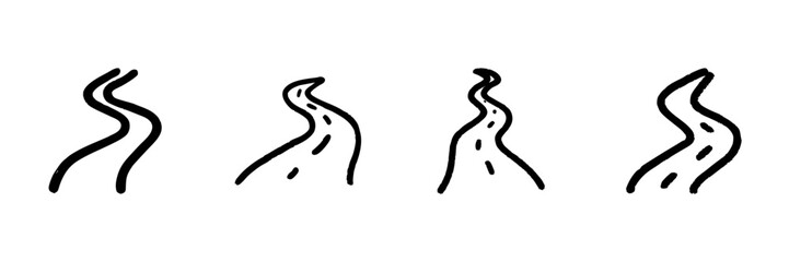 Curved Road Line Icon Set In Doodle Style. Pathway Navigation, Journey Planning, And Travel Route Outline Sketch Collection. Hand Drawn Isolated Vector Illustration