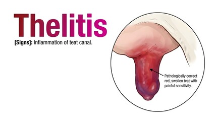 Thelitis condition showing inflammation of teat canal with a pathologically correct red swollen teat with veterinary and pathology and animal health