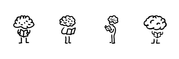 Obraz premium Brain Reading Book Line Icon Set In Doodle Style. Knowledge Acquisition, Learning, And Cognitive Development Outline Sketch Collection. Intellectual Growth. Hand Drawn Isolated Vector Illustration