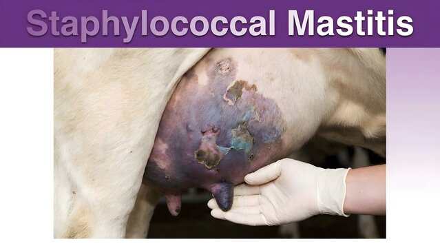 Veterinarian examines udder of cow with staphylococcal mastitis infection with veterinary and animal and disease and gloved hand and examination