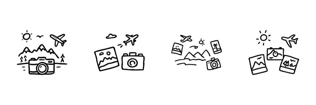Camera And Travel Line Icon Set In Doodle Style. Adventure, Photography, And Exploration Outline Sketch Collection. Vacation And Tourism Symbols. Hand Drawn Isolated Vector Illustration