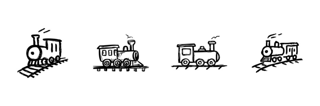 Steam Locomotive Train Line Icon Set In Doodle Style. Vintage Transportation And Railway Travel Outline Sketch Collection. Hand Drawn Isolated Vector Illustration