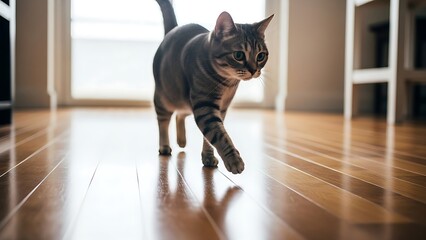 Cat stretching body on floor, lifestyle pet photography