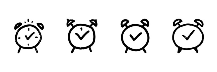 Alarm Clock With Check Mark Line Icon Set In Doodle Style. Time Management, Task Completion, And Schedule Tracking Outline Sketch Collection. Hand Drawn Isolated Vector Illustration
