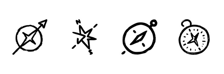 Obraz premium Compass And Navigation Tools Line Icon Set In Doodle Style. Direction Finding, Exploration, And Wayfinding Outline Sketch Collection. Hand Drawn Isolated Vector Illustration