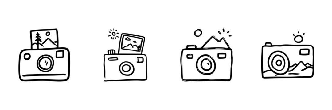 Camera With Landscape Photos Line Icon Set In Doodle Style. Photography, Travel, And Nature Exploration Outline Sketch Collection. Hand Drawn Isolated Vector Illustration