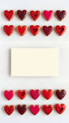 Red heart shapes frame a mock-up blank postcard or greeting card on white background. Vertical template for celebration of love and romance for Valentine, Wedding, Anniversary Day with copy space.