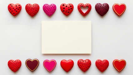 Red heart shapes frame a mock-up blank postcard or greeting card on white background. Banner template for celebration of love and romance for Valentine, Wedding, Anniversary Day with copy space.