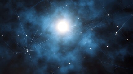 An abstract digital network of glowing nodes and lines in a blue nebula with a bright light source