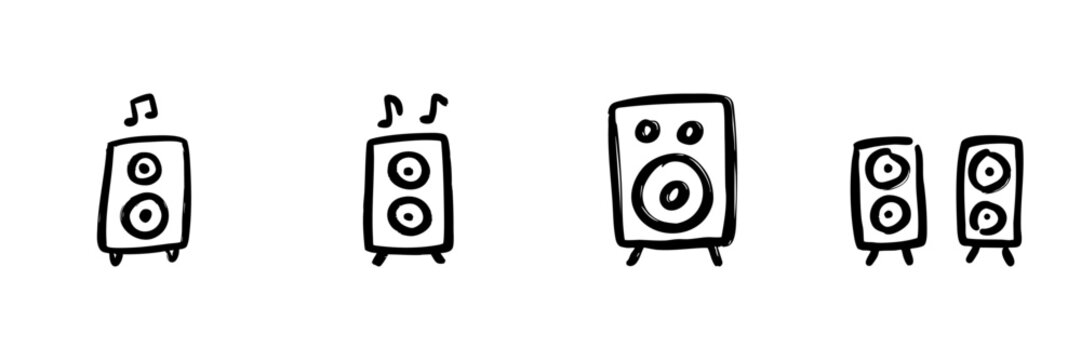 Speakers With Musical Notes Line Icon Set In Doodle Style. Audio Output, Sound System, And Music Playback Outline Sketch Collection. Hand Drawn Isolated Vector Illustration