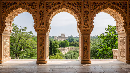 Intricate Moorish arches frame a distant castle and lush green landscape