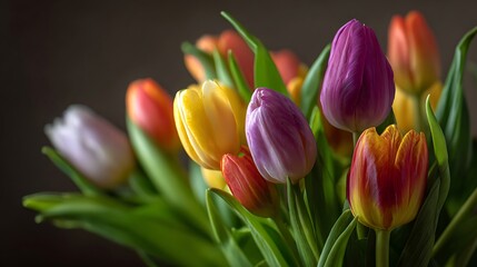 Fototapeta premium Vibrant multicolored spring flowers stand clustered together against a dark background