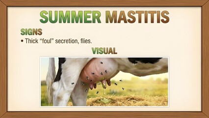 Close up of a cow's udder with summer mastitis symptoms and flies with cow udder and fly infestation and dairy cattle and animal health and veterinary medicine