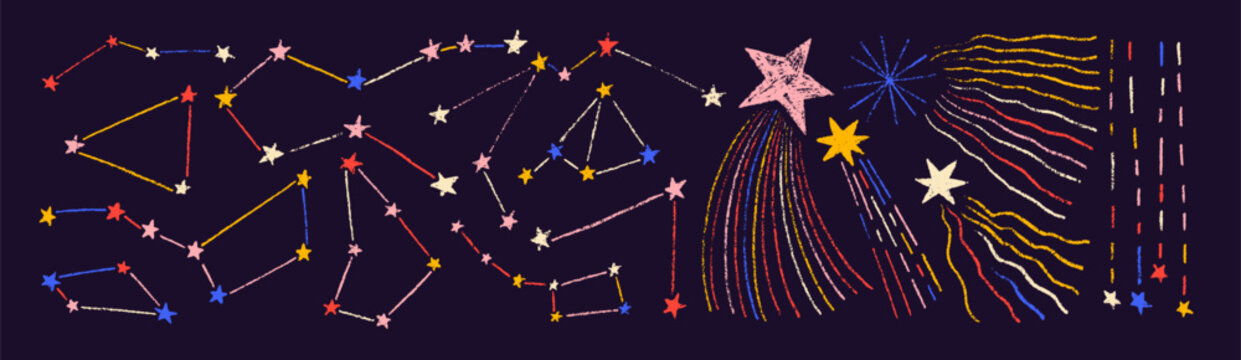 Crayon drawn funky constellation and shooting stars stickers on dark night background. Pencil drawing cosmic elements. Abstract astrology doodle clip art icons. Kid's doodle stars with pencil texture.