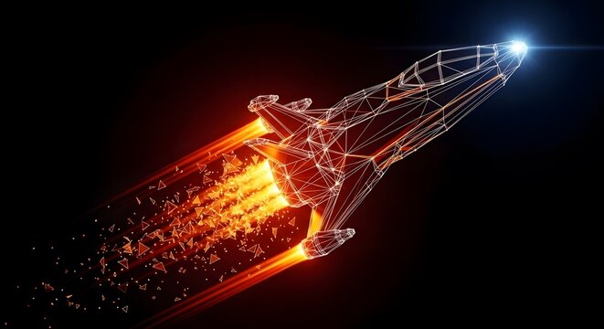 Futuristic Wireframe Rocket Flying at High Speed with Orange Flames, Space Exploration and Startup Concept