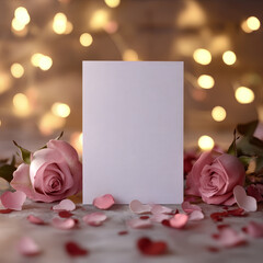 Blank white greeting card with pink roses flowers and soft bokeh. Design template for celebration, anniversary, or special occasion and Valentine's  or Mother's Day with copy space.