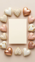 Pink heart shapes frame a mock-up blank postcard or greeting card on beige background. Vertical template for celebration of love and romance for Valentine, Wedding, Anniversary Day with copy space.