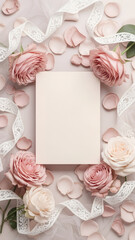 Red and pink rose frame surrounding a blank postcard, elegant floral banner ideal for Mother&rsquo;s Day or Valentine&rsquo;s Day greetings with generous copy space.
