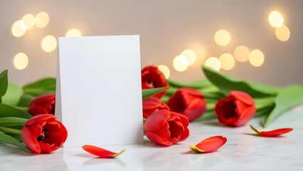 Blank white greeting card with red tulips flowers and soft bokeh. Banner template for celebration, anniversary, or special occasion and Valentine's  or Mother's Day with copy space.