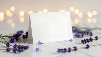 Blank white greeting card with lavender flowers and soft bokeh. Banner template for celebration, anniversary, or special occasion with copy space