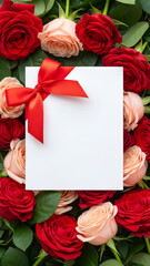 Red and pink roses frame with blank postcard for greeting card, vertical template of floral arrangement perfect for Mother's Day, Valentine's Day with copy space.
