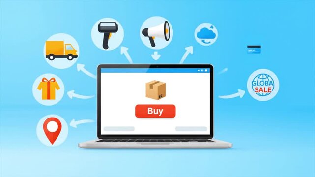 Digital online shopping process visualized with a laptop displaying a purchase button leading to a filled shopping cart and various service icons