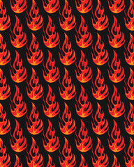 Red and orange fire pattern on black background for fabric print or wallpaper