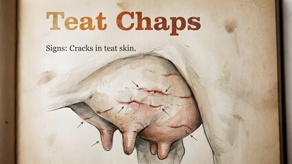 Teat chaps on a cow udder with visible cracks in the skin with veterinary medicine and animal health and udder health and dairy farming and veterinary pathology
