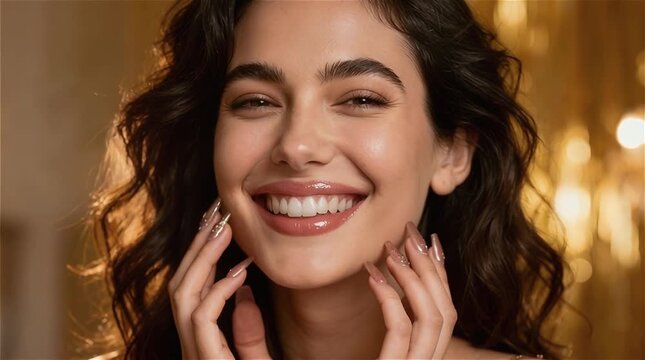 Mujer joven sonriendo con alegría sosteniendo su rostro con ambas manos