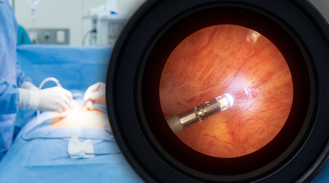 Laparoscopic surgery view showing microincision instrument and illuminated trocar inside abdominal cavity, clinical scene with focused surgical