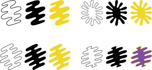 colorful abstract shapes and lines in black yellow purple and white on white background