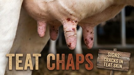 Close up of damaged cow udder with teat chaps and cracks in teat skin with udder health and veterinary and animal health and dairy cow and udder damage