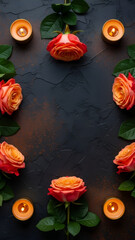 Pink roses, petals, and lit candles frame a dark surface, forming a romantic border, vertical template perfect for Valentine's Day, love, or anniversary concepts with copy space.