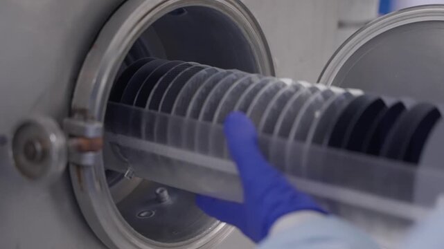 Cleanroom technician loading a silicon wafer cassette into a vacuum processing chamber with protective gloves, ensuring precision handling in a controlled environment.