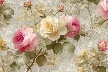 Elegant, chic, vintage watercolor seamless repeating pattern featuring roses and lace pattern, shabby, Victorian style