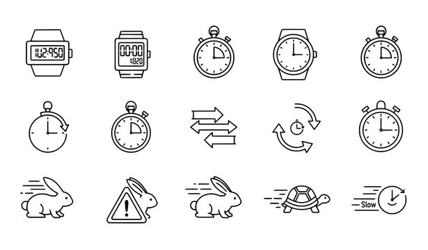 Countdown and timeline arrow line icon vector collection with clock and warning symbols