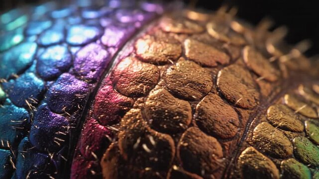 Abstract extreme macro shot highlighting the iridescent, highly textured scales and microscopic hairs covering the curved shell of a beetle glistening in bright light abstract, shiny, green