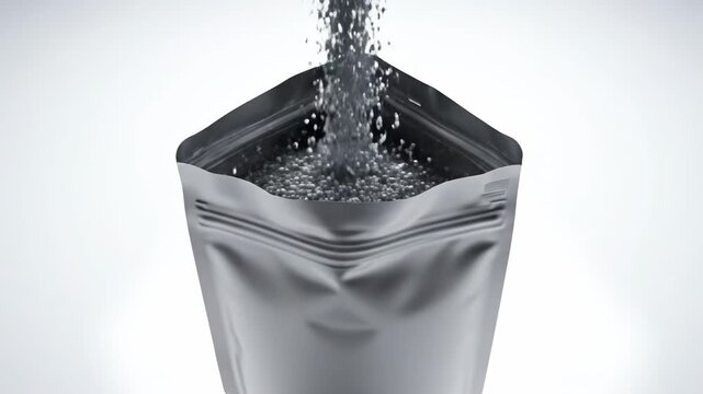 Abstract flow of digital grey granular material pouring slowly into the open top of a standing matte doypack pouch isolated on white isolated on white, material, doypack