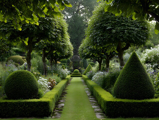 English garden trees bushes trimmed in geometric correct shapes landscape design